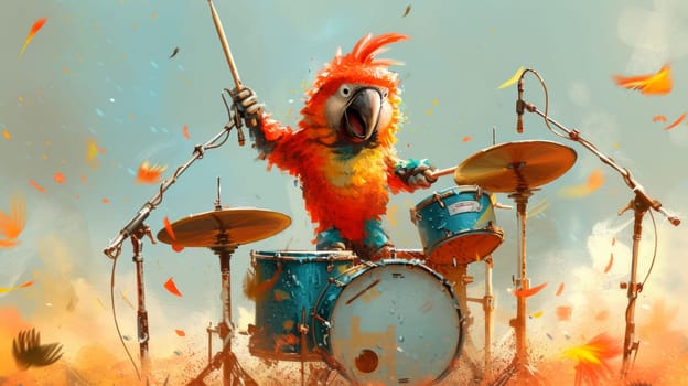 A parrot is playing drums in a colorful scene