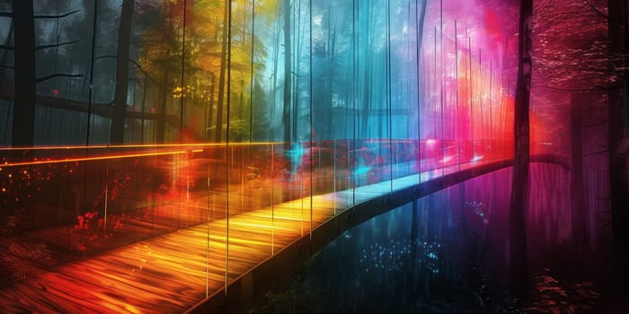 A colorful bridge in a forest with trees and lights