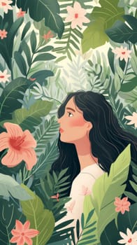 A woman in a tropical forest surrounded by flowers and leaves