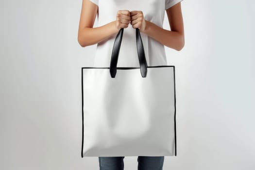 woman Hand holding a White Polyester square tote bag for mockup . AI generated image.