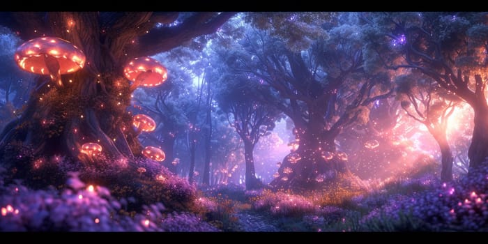 A forest with glowing mushrooms and trees in the middle