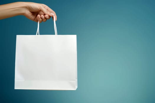 woman Hand holding white Shopping bag for mockup . AI generated image.