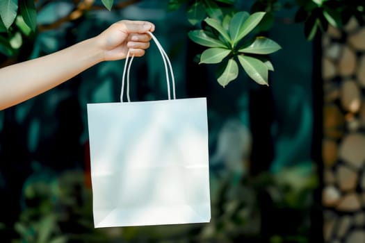 woman Hand holding white Shopping bag for mockup . AI generated image.