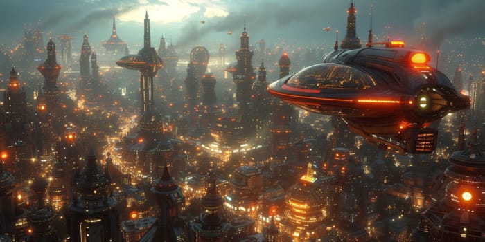 A futuristic city with a large spaceship flying over it