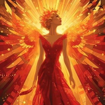 A woman in a red dress with wings and sun rays