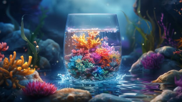 A glass of water with colorful corals and rocks in it