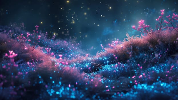A field of pink flowers with blue lights shining on them