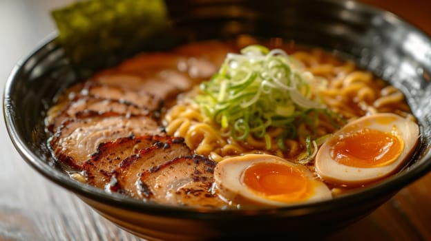A bowl of noodles with meat and eggs in it on a table