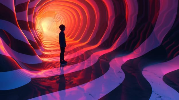 A man standing in a tunnel of light and color