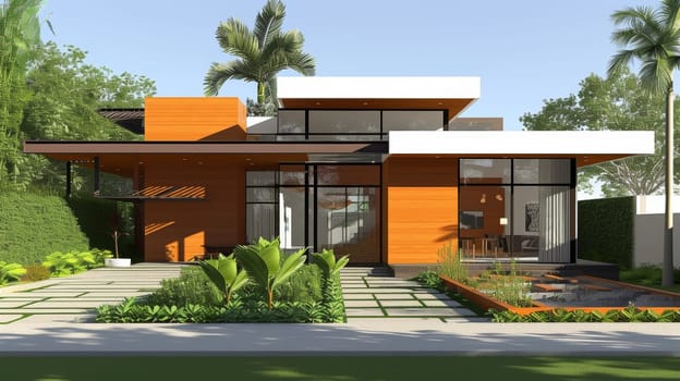 A rendering of a modern house with trees and plants in front