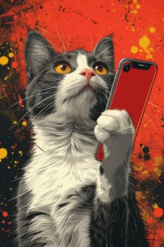 A painting of a cat holding up its cell phone in front of it