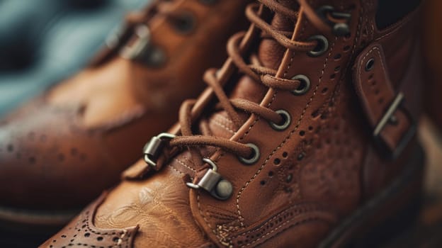 A close up of a pair of brown boots sitting on top of something
