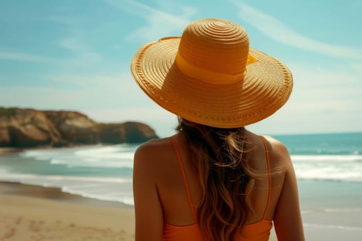 A woman in a hat is on the beach . summer vacation concept. nice weather, blue sky. Generative AI.