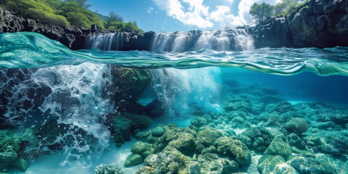 A waterfall cascading over a coral reef in the ocean