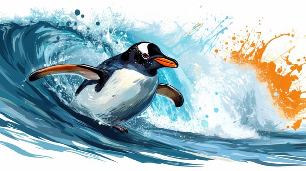 A painting of a penguin riding the waves on an ocean