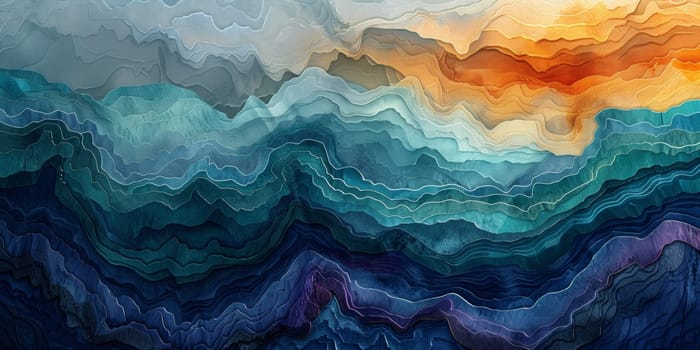 A painting of a colorful abstract design with waves and clouds