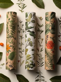 Three rolls of paper with different types and colors of leaves