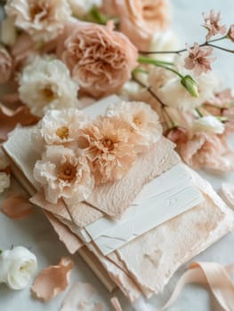 A bunch of flowers and paper on a table with some ribbon