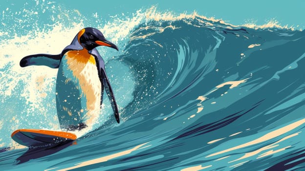 A painting of a penguin surfing on top of an orange surfboard