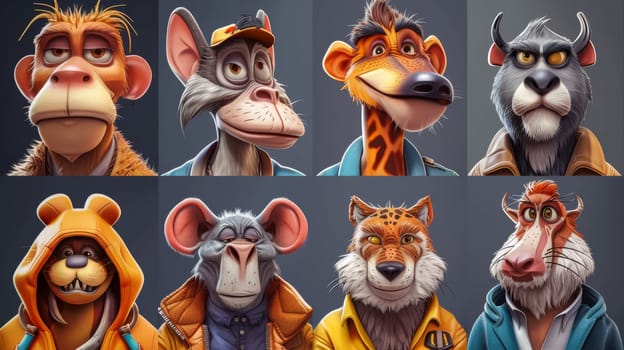 A series of animated animal heads with different expressions