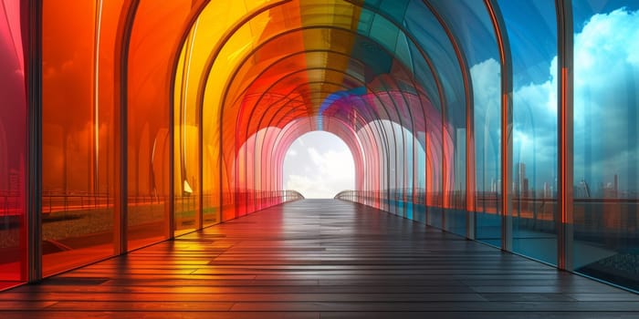 A long walkway with a rainbow colored tunnel in the middle