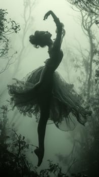 A woman in a dress is dancing through the trees