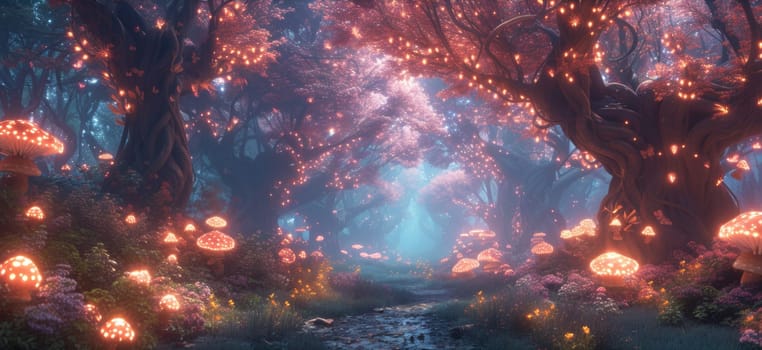 A forest filled with mushrooms and trees lit up by fairy lights