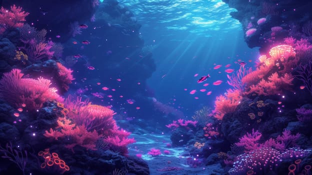 An underwater scene with coral and fish in the ocean