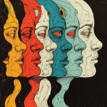 A painting of a woman's face with different colored faces