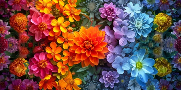 A close up of a colorful flower arrangement with many different colors