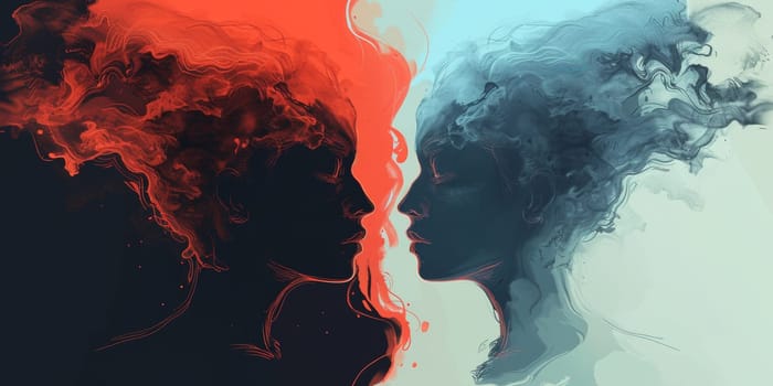 Two women with red and blue hair are facing each other