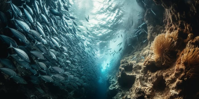 A large group of fish swim through a narrow passage