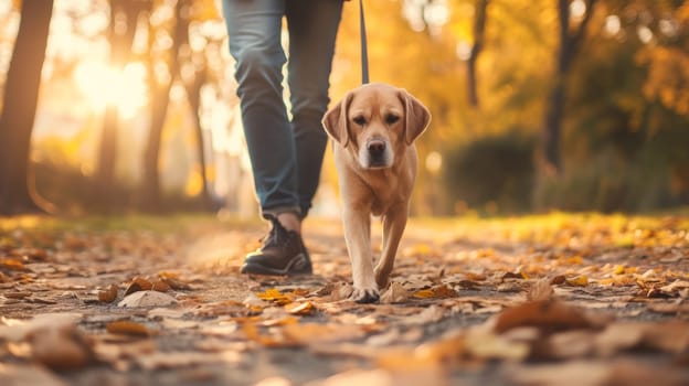 A person walking a dog on leash in the fall leaves