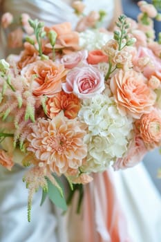 A close up of a bride holding her wedding bouquet in front