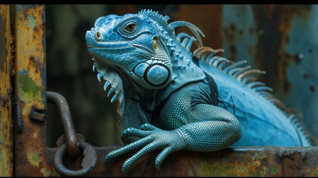 A close up of a blue iguana with large eyes and teeth