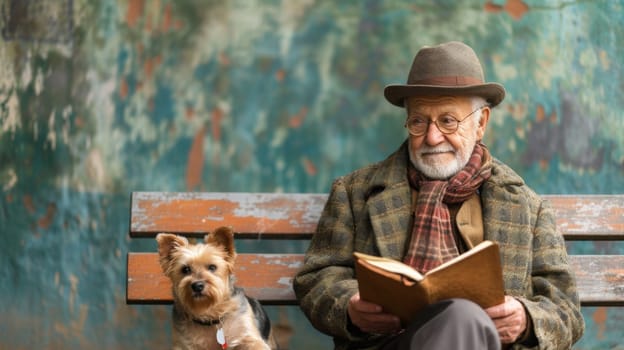 An older man sitting on a bench with his dog and book