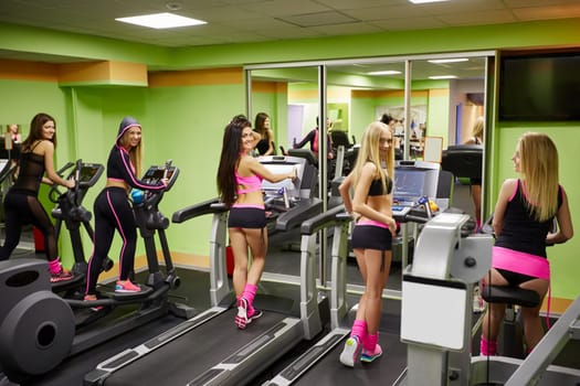 Image of cheerful sporty girls exercising in gym