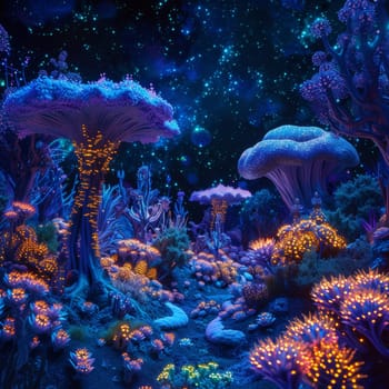 A beautiful painting of a magical forest with glowing mushrooms