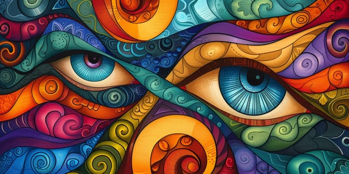 A colorful painting of a pair of eyes with swirls around them