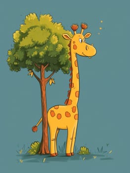 A cartoon giraffe standing next to a tree with leaves