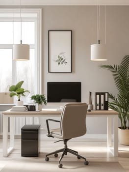 A desk with a computer and some plants in the corner