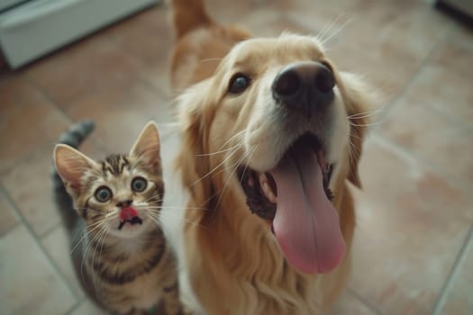 Cat and Dog, Top view of a hungry dog and kitten.