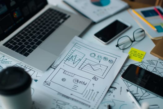 modern office workspace with a laptop displaying graphs and document, Working desk table concept.