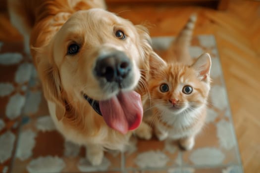 Cat and Dog, Top view of a hungry dog and kitten.