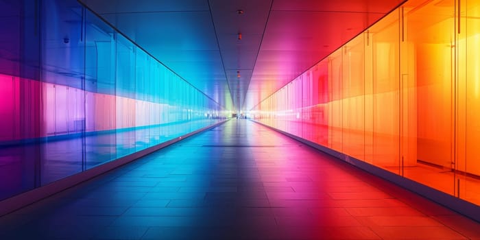 A long hallway with many different colored lights on the walls