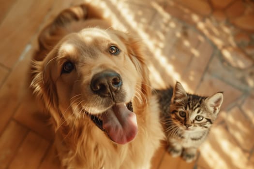 Cat and Dog, Top view of a hungry dog and kitten.