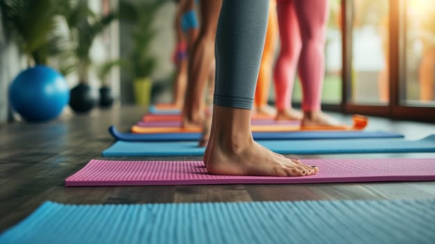 A group of people standing on yoga mats in a room