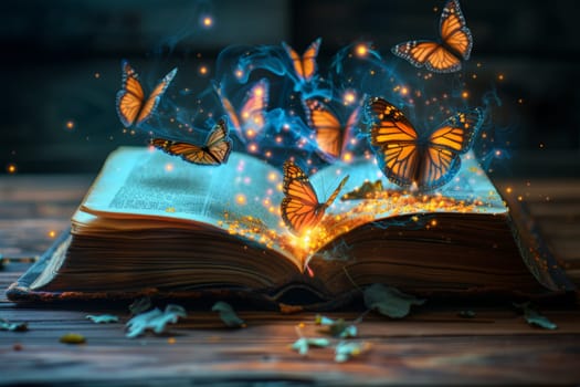 Fantasy book, Butterflies Flying Out Of Open Book background or wallpaper, fairy tale book concept.
