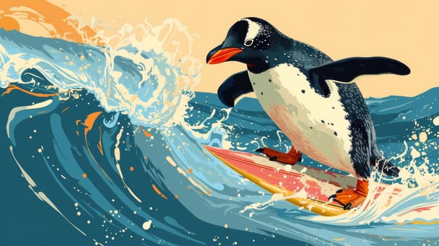 A painting of a penguin riding on top of a surfboard