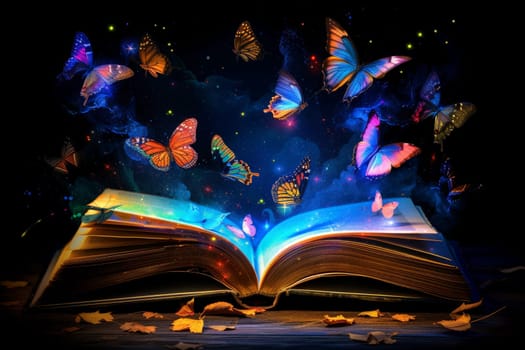 Fantasy book, Butterflies Flying Out Of Open Book background or wallpaper, fairy tale book concept.